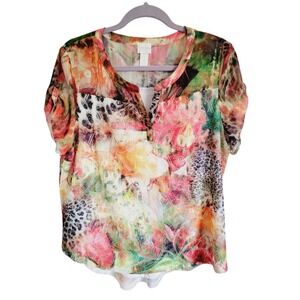Chico's 1 Lace Overlay‎ Blouse Top Tropical Print White Bottom Shirt Medium NWOT